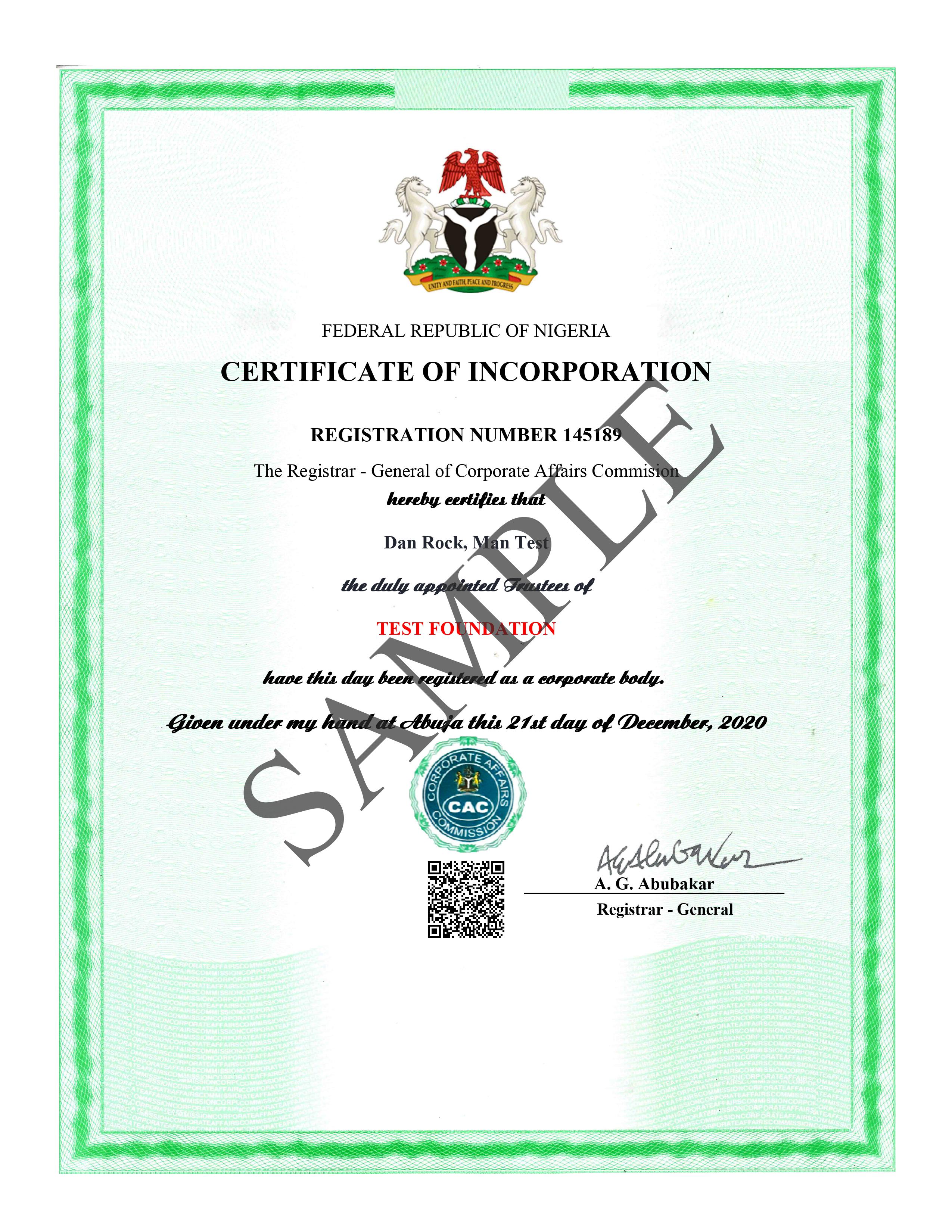 CAC Certificate Sample - Incoporated Trustee